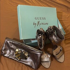 New Guess by Marciano Stunning Pewter Clutch with Matching stiletto Heels